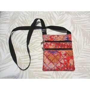 Red & Multicolor Crossbody Bag With Peacock Feather Print